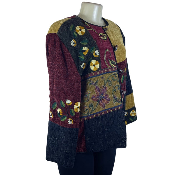 Julie Kin Womens Multicolor Floral Embroidered Jacket Button Front Sz L
